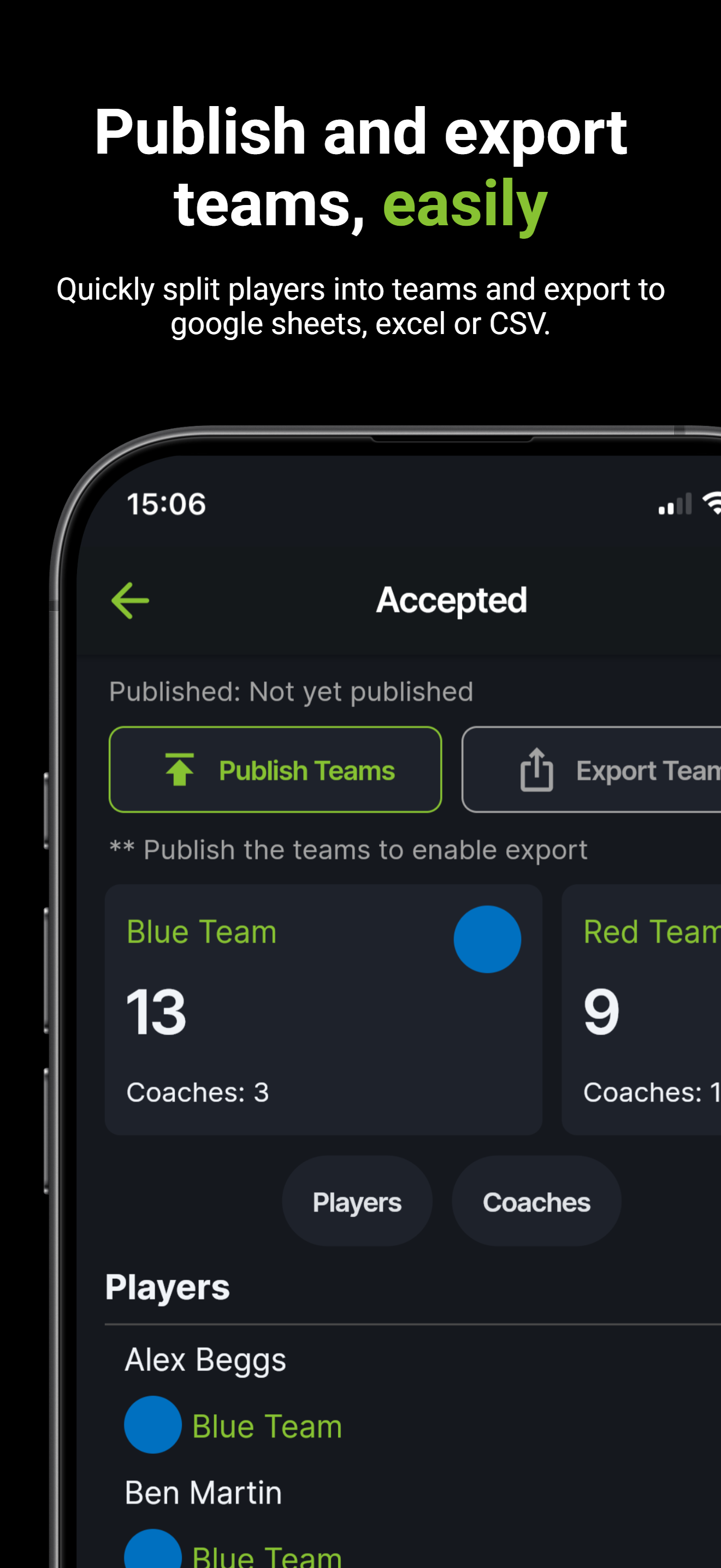 CoachSmart publish and export teams
